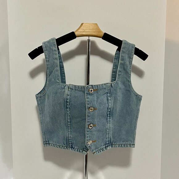 Women's Denim Cropped Button Tank Strap with Elastic‎ Back. Unbranded. Medium - Picture 1 of 4